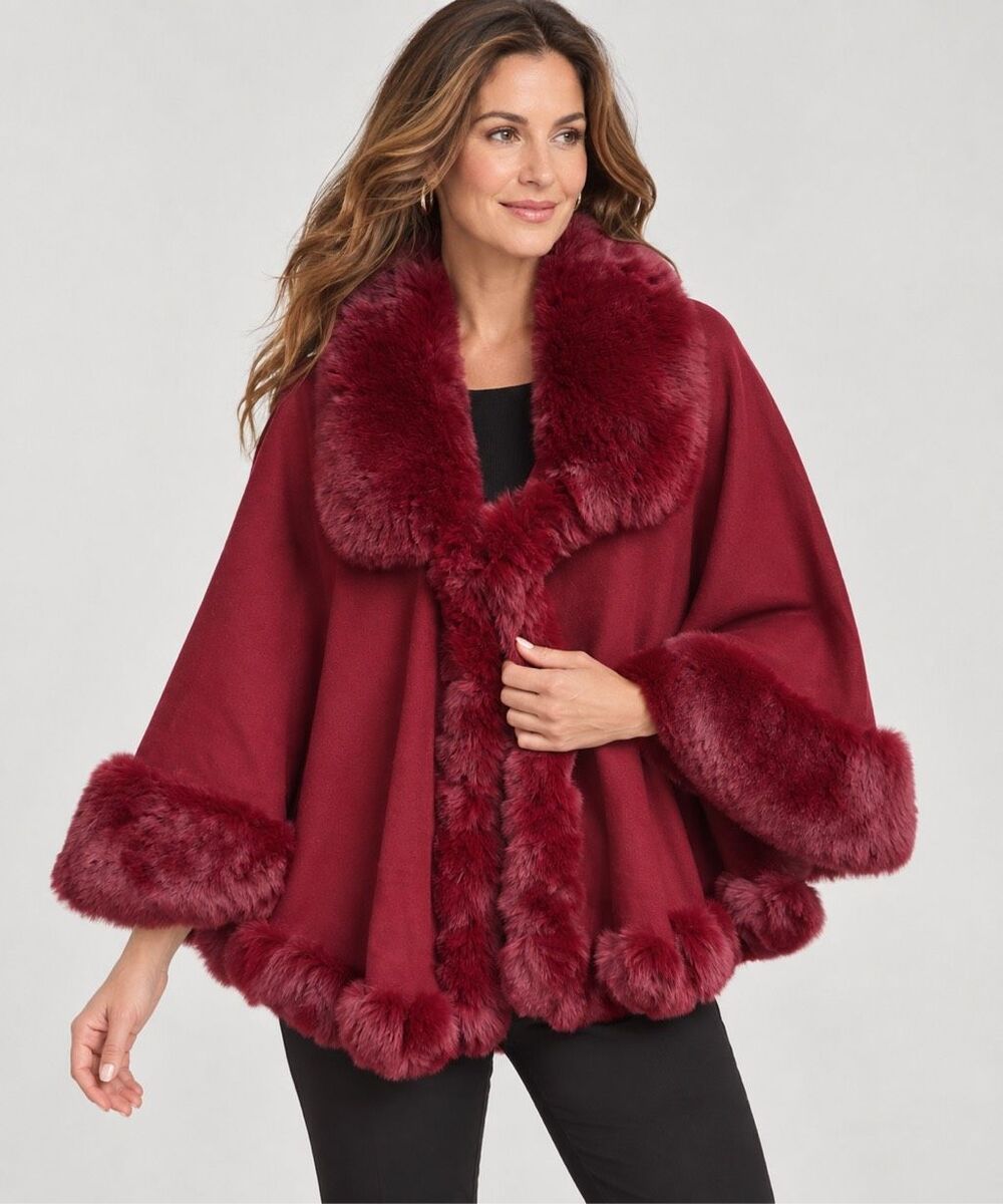 Pyramid Collection Faux Fur Trim Cape Poncho Burgundy Womens One Size NWOT